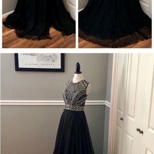 NEW MAC DUGGAL SZ 16W BLACK CHIFFON JEWELED ILLUSION FORMAL EVENING GOWN